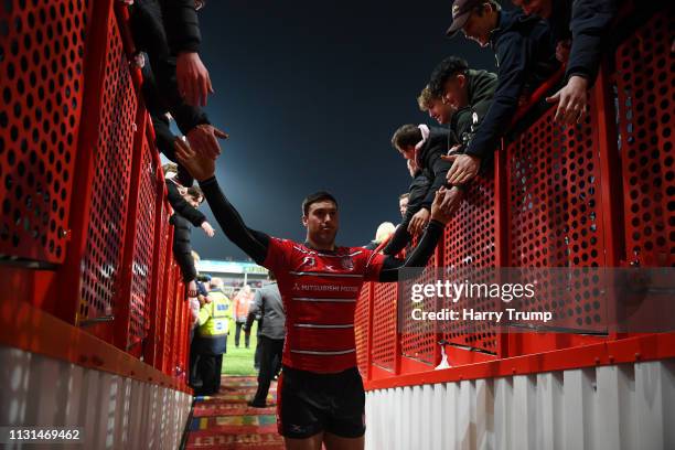 Matt Banahan of Gloucester Rugby celebrates by high fiving the fans after the match during the Gallagher Premiership Rugby match between Gloucester...