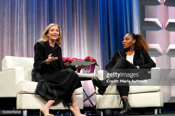 Whitney Wolfe Herd, Founder and CEO of Bumble, and Serena Williams speak on stage during keynote conversation at 2019 Watermark Conference for Women...