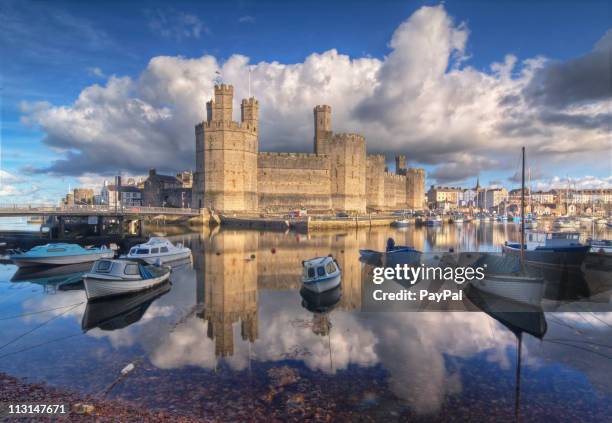 caernarfon castle reflections - castle ward stock pictures, royalty-free photos & images