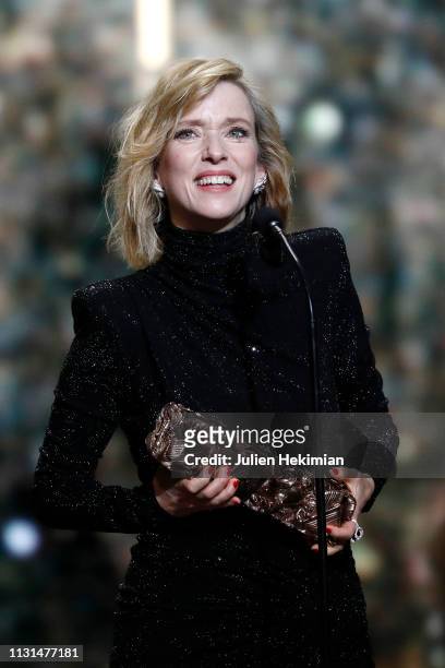 Lea Drucker speaks on stage after receiving the Cesar award for best actress in the movie "Jusqu'à la garde" during Cesar Film Awards 2019 at Salle...