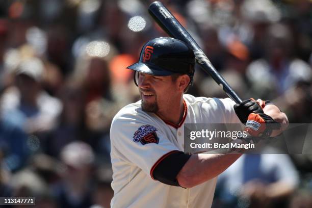 Aubrey Huff of the San Francisco Giants bats against the Atlanta Braves during the game at AT&T Park on April 24, 2011 in San Francisco, California.