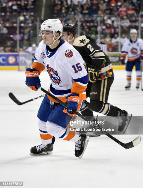 Bridgeport Sound Tigers left wing Kieffer Bellows skates in the offensive zone during the Bridgeport Sound Tigers vs. The Hershey Bears AHL hockey...