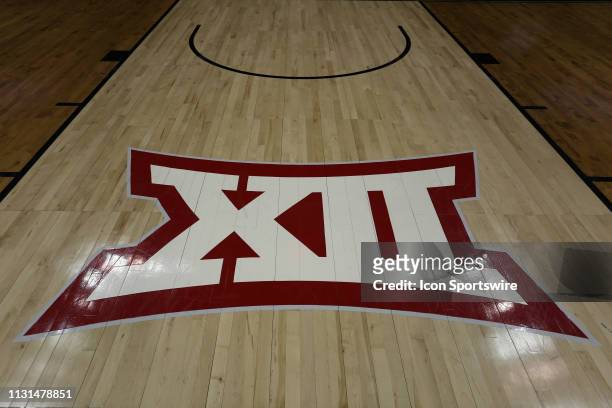 View of the Big 12 logo on the court before a quarterfinal Big 12 tournament game between the Iowa State Cyclones and Baylor Bears on March 14, 2019...