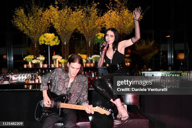 Kristina Bazan performs at BVLGARI - Dinner Party - Milan Fashion Week FW19 on February 22, 2019 in Milan, Italy.