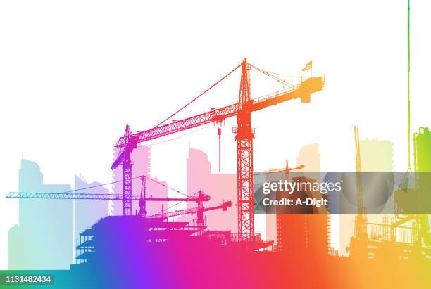 ilustraciones, imágenes clip art, dibujos animados e iconos de stock de construyendo el arco iris de la ciudad - ingeniería