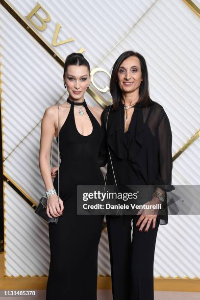 Bella Hadid and Mireia Lopez Montoya attends BVLGARI - Dinner Party - Milan Fashion Week FW19 on February 22, 2019 in Milan, Italy.