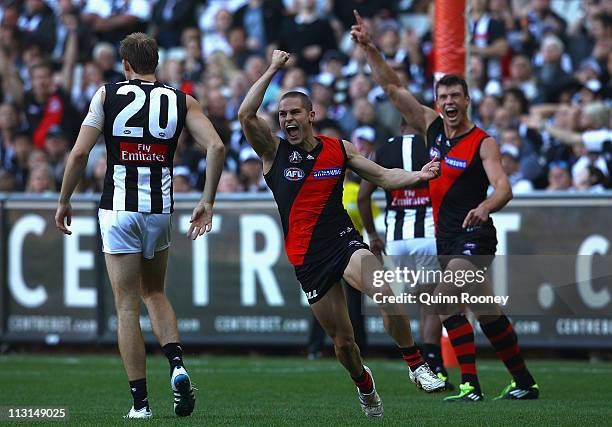 David Zaharakis of the Bombers celebrates kicking a goal during the ANZAC Day round five AFL match between the Essendon Bombers and the Collingwood...