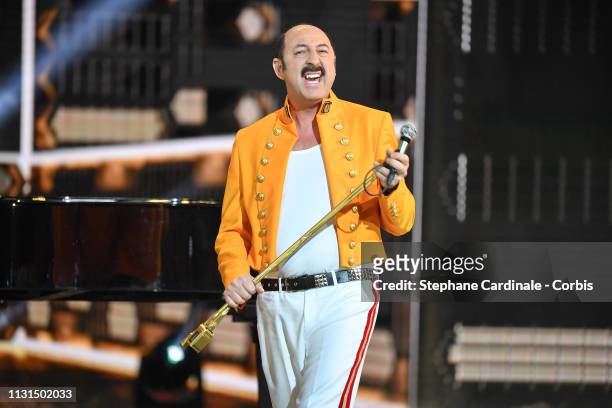 Host Kad Merad performs on stage the Cesar Film Awards 2019 at Salle Pleyel on February 22, 2019 in Paris, France.