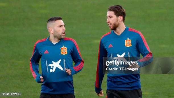 Sergio Ramos of Spain and Jordi Alba of Spain look on during a Spain international training session at Las Rozas sports complex on March 18, 2019 in...
