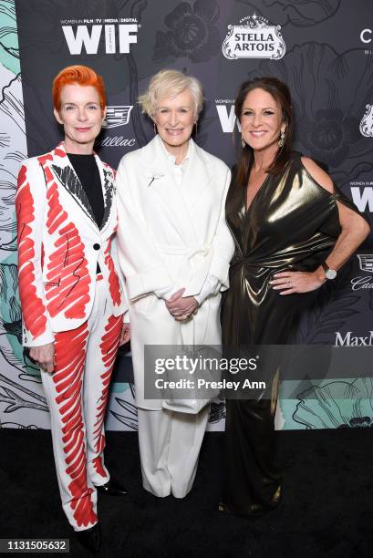 Sandy Powell, Glenn Close wearing Max Mara and Cathy Schulman attend 12th the Annual Women in Film Oscar Nominees Party Presented by Max Mara with...