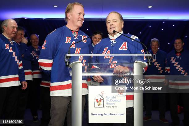 New York Rangers Alumni Brian Leetch and New York Rangers Alumni, Hall of Famer, and Child Champion Honoree Rod Gilbert speak on stage during Ronald...