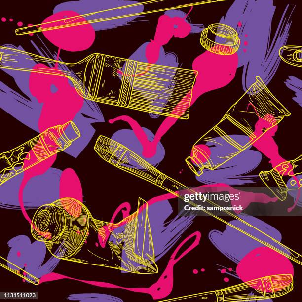 stockillustraties, clipart, cartoons en iconen met retro 80s jaren ' 90 verf en penseel naadloze kunst patroon - paint tube