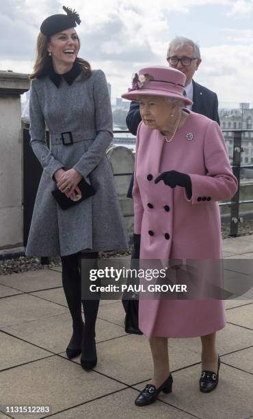 Britain's Queen Elizabeth II and Britain's Catherine, Duchess of Cambridge visit King's College, to open Bush House, the latest education and...