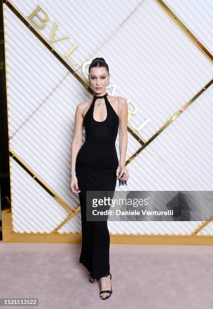 Bella Hadid attends BVLGARI - Dinner Party - Milan Fashion Week FW19 on February 22, 2019 in Milan, Italy.