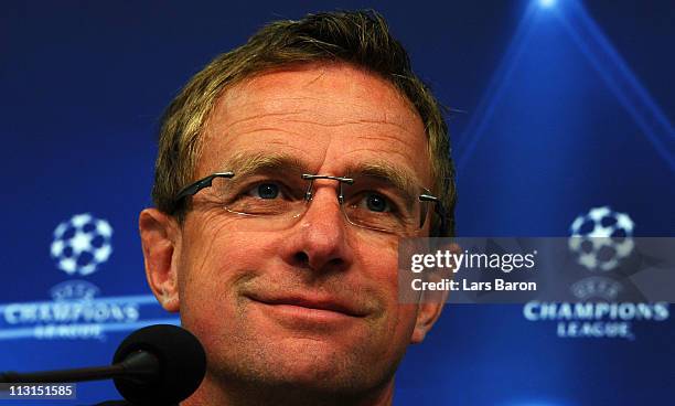 Head coach Ralf Rangnick smiles during a FC Schalke 04 press conference ahead of the UEFA Champions League semifinal first leg match against...