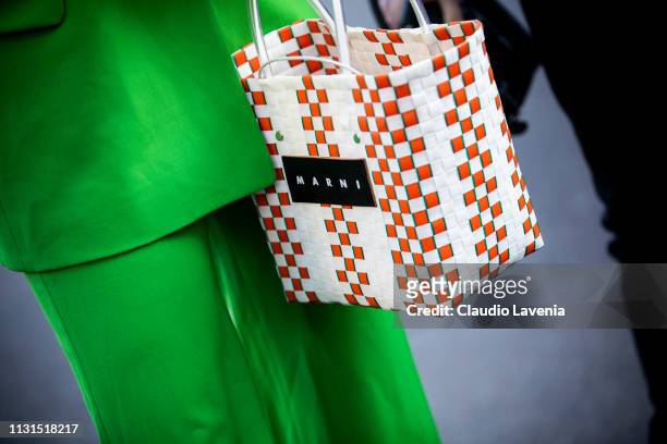 Fashion detail of Marni bag, is seen outside Tod's on Day 3 Milan Fashion Week Autumn/Winter 2019/20 on February 22, 2019 in Milan, Italy.