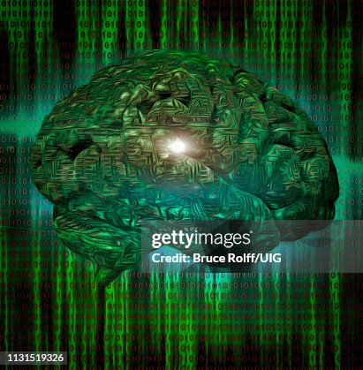 Human brain with circuit board pattern, Background binary code. Human brain with circuit board pattern, Background binary code.