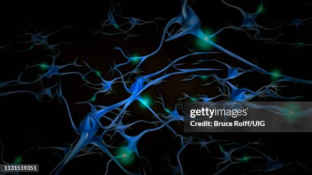 brain cells with electrical firing, sci-fi art - synapse stock illustrations