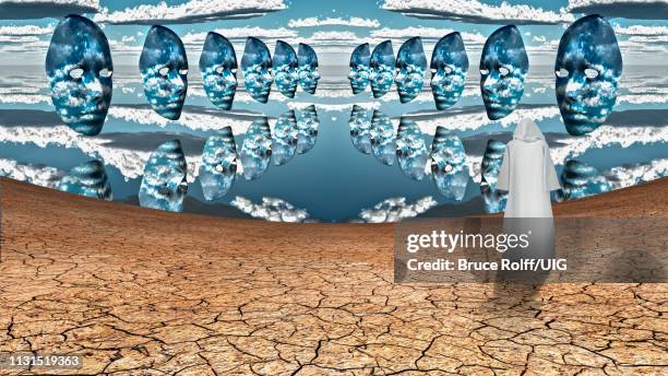figure in robe confronts the faces - new age stock illustrations