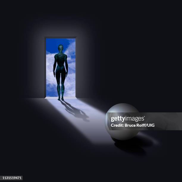 pearl like sphere with cyborg woman figure in doorway - woman entering home stock illustrations