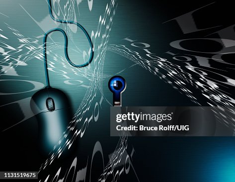 Binary code and computer mouse, Eye behind keyhole symbolizes digital espionage Binary code and computer mouse, Eye behind keyhole symbolizes digital espionage