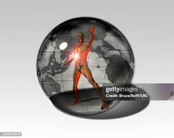cyborg man in planet earth sphere - crafting together stock illustrations