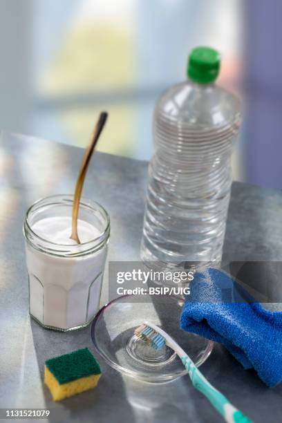 baking soda, lemon with sponge and towel for effective and safe house cleaning - white vinegar stock pictures, royalty-free photos & images