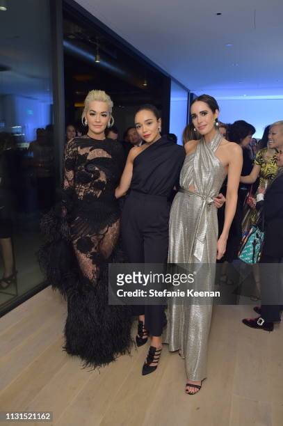 Rita Ora, Ashley Madekwe, wearing Max Mara, and Louise Roe attend the 12th Annual Women in Film Oscar Nominees Party Presented by Max Mara with...
