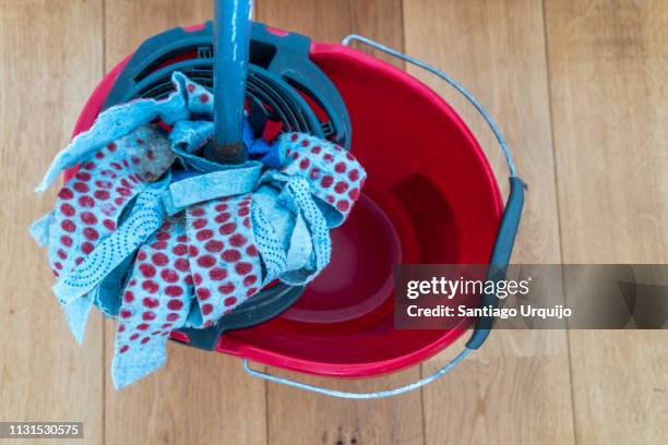 close-up of mop and cleaning bucket - bucket stock pictures, royalty-free photos & images