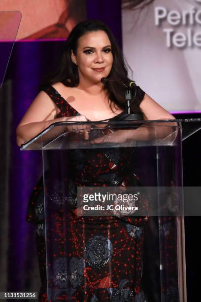 Gloria Calderon Kellet speaks onstage during the 22nd Annual National Hispanic Media Coalition Impact Awards Gala at Regent Beverly Wilshire Hotel on...