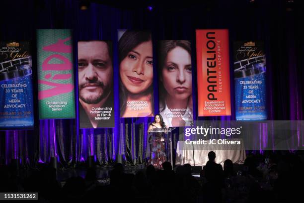 Gloria Calderon Kellet speaks onstage during the 22nd Annual National Hispanic Media Coalition Impact Awards Gala at Regent Beverly Wilshire Hotel on...