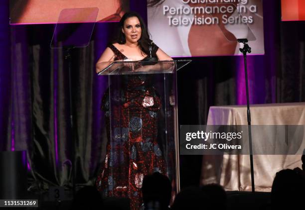 Gloria Calderon Kellet speaks onstage during the 22nd Annual National Hispanic Media Coalition Impact Awards Gala at Regent Beverly Wilshire Hotel on...