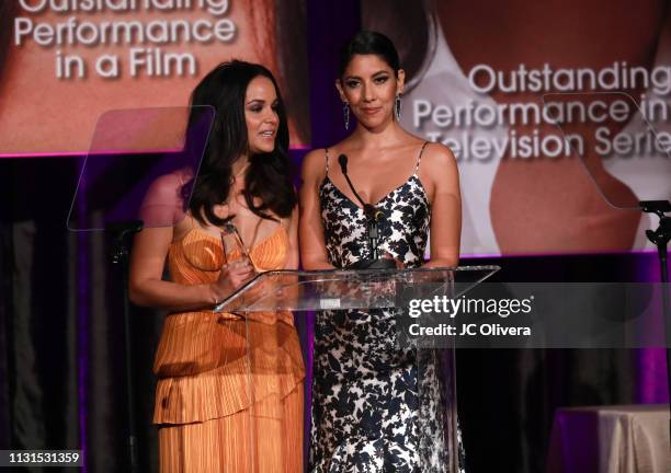 Actresses Melissa Fumero and Stephanie Beatriz speak onstage during the 22nd Annual National Hispanic Media Coalition Impact Awards Gala at Regent...