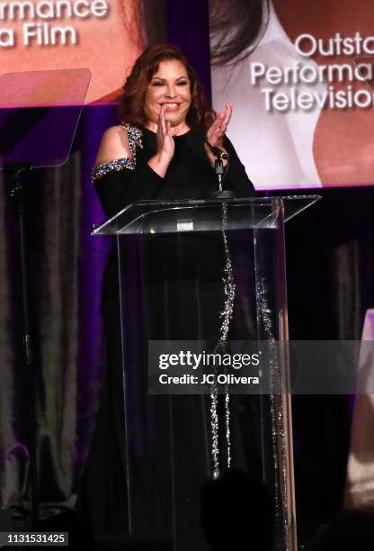 President and CEO elect Brenda Castillo speaks onstage during the 22nd Annual National Hispanic Media Coalition Impact Awards Gala at Regent Beverly...