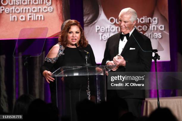 President and CEO elect Brenda Castillo and NHMC President and CEO Alex Nogales seen onstage during the 22nd Annual National Hispanic Media Coalition...