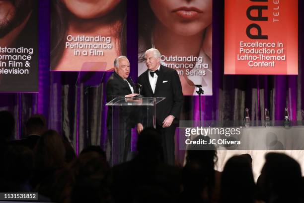 Producer Moctesuma Esparza and NHMC President and CEO Alex Nogales seen onstage during the 22nd Annual National Hispanic Media Coalition Impact...