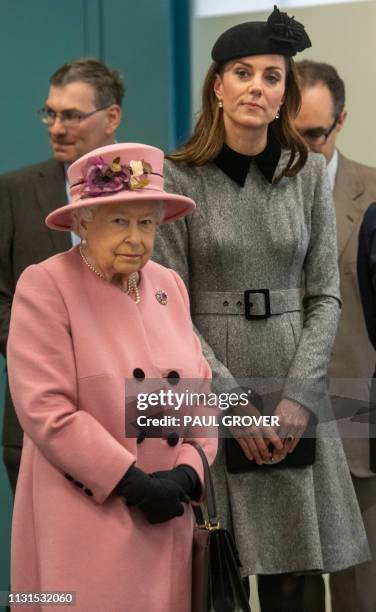 Britain's Queen Elizabeth II and Britain's Catherine, Duchess of Cambridge visit King's College, to open Bush House, the latest education and...