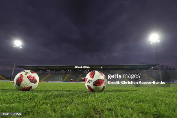 General view inside the stadium and the matchball is seen prior to the 3. Liga match between VfR Aalen and SG Sonnenhof Grossaspach at Ostalb-Arena...