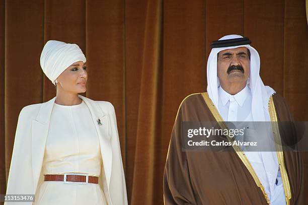 Emir of the State of Qatar Sheikh Hamad Bin Khalifa Al-Thani and his wife Sheikha Moza Bint Nasser Al-Missned arrive at El Pardo Palace on April 25,...