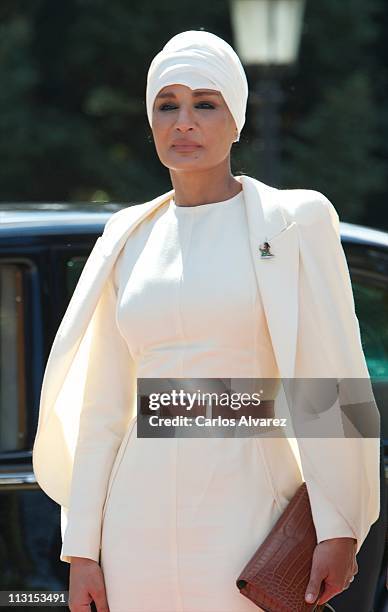 Sheikha Moza Bint Nasser Al-Missned arrives at El Pardo Palace on April 25, 2011 in Madrid, Spain. The Emir of the State of Qatar Sheikh Hamad Bin...