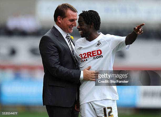 Swansea player Nathan Dyer shares a joke with Swansea manager Brendan Rodgers during the npower Championship match between Swansea City and Ipswich...