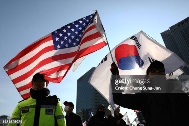 South Korean conservative protesters participate in a pro U.S. And anti-North Korea rally on February 23, 2019 in Seoul, South Korea. U.S. President...