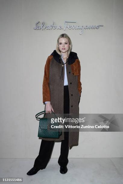 Gabriella Wilde attend the Salvatore Ferragamo show during Milan Fashion Week Autumn/Winter 2019/20 on February 23, 2019 in Milan, Italy.