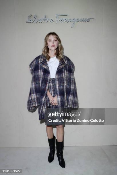 Maika Monroe attend the Salvatore Ferragamo show during Milan Fashion Week Autumn/Winter 2019/20 on February 23, 2019 in Milan, Italy.