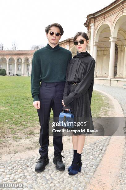 Natalia Dyer and Charlie Heatattend the Salvatore Ferragamo show during Milan Fashion Week Autumn/Winter 2019/20 on February 23, 2019 in Milan, Italy.