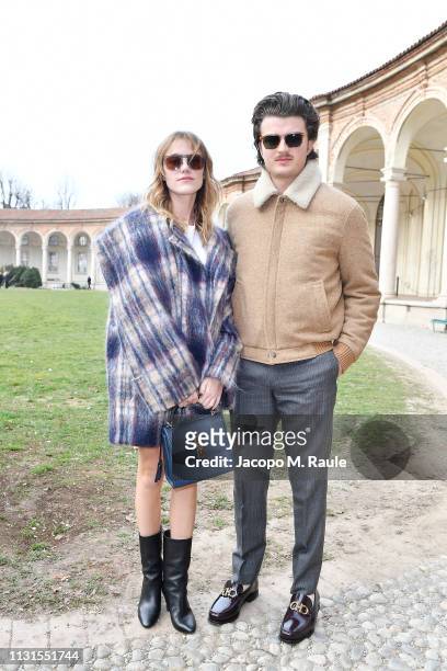 Maika Monroe and Joe Keery attend the Salvatore Ferragamo show during Milan Fashion Week Autumn/Winter 2019/20 on February 23, 2019 in Milan, Italy.