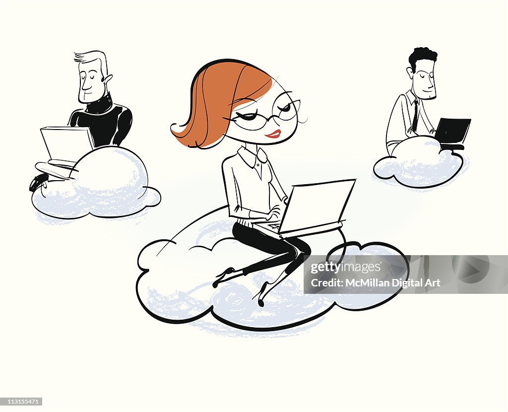 People using laptops atop clouds