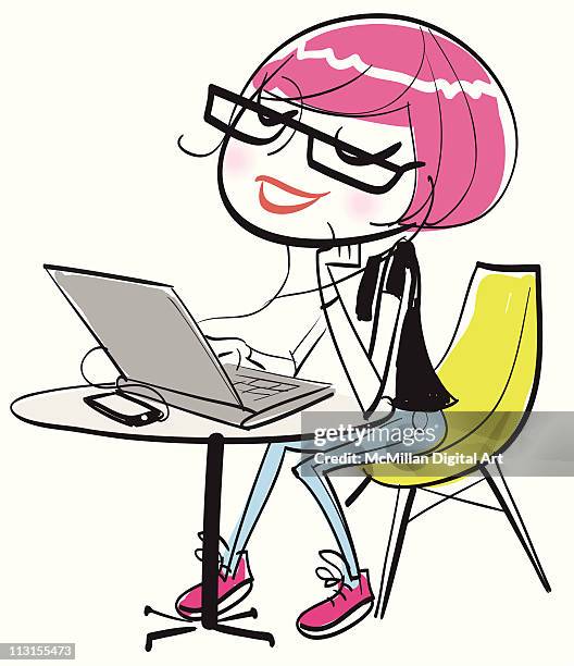 stockillustraties, clipart, cartoons en iconen met young woman using laptop and listening to music - kin in de hand