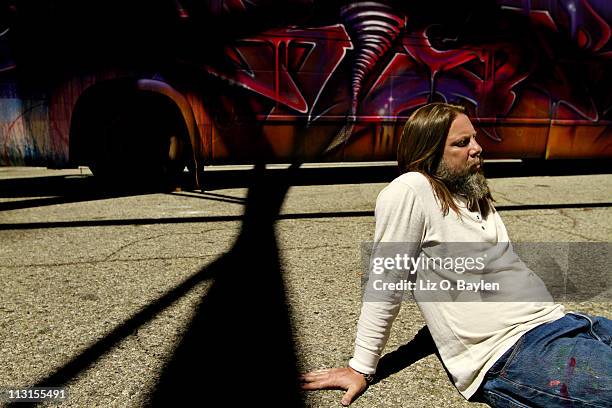 Street artist Kelly Graval aka RISK photographed is for Los Angeles Times at the Geffen Contemporary at MOCA on March 31, 2011 in Los Angeles,...