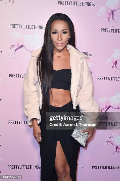 Amina Buddafly attends the #PRETTY Video Release Celebration hosted by PrettyLittleThing.com at Stanley Social on February 22, 2019 in Los Angeles,...